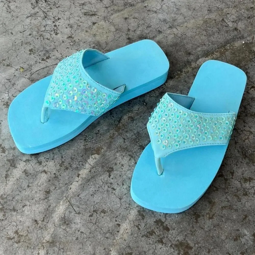 Vintage Y2K Aqua Blue Sequin Platform Flip Flops Sandals Women's 6 Disco 2000s